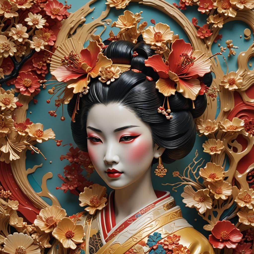 Hyperrealistic Wax Geisha with Colorful Accents