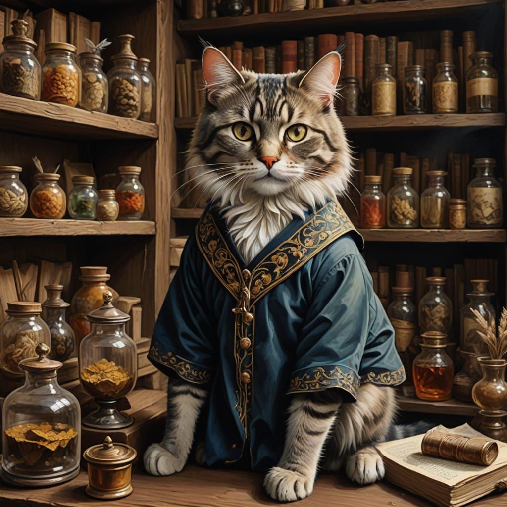 Whimsical Feline in Opulent Apothecary Setting