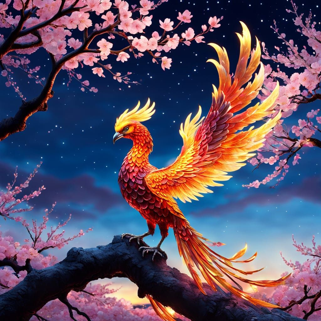 Glowing Phoenix Rests on Crystal Cherry Blossom Tree