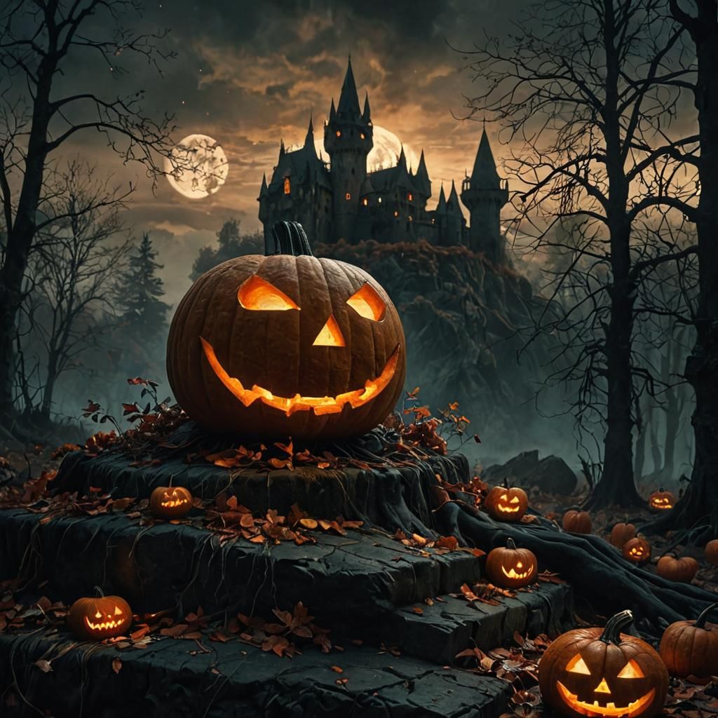 Eerie Jack-o'-Lantern in Dark Fantasy Landscape