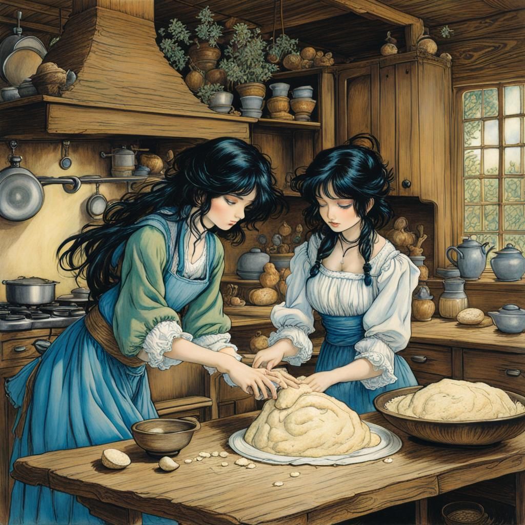 Fantasy Scene: Kneading Dough in Arthur Rackham Style