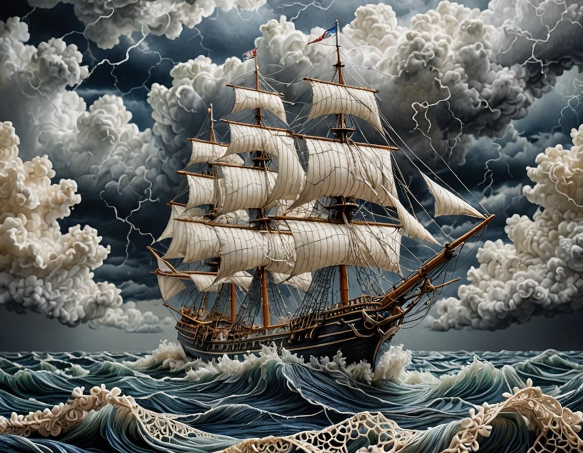 Needlework Sailing Ship Amidst Stormy Seas