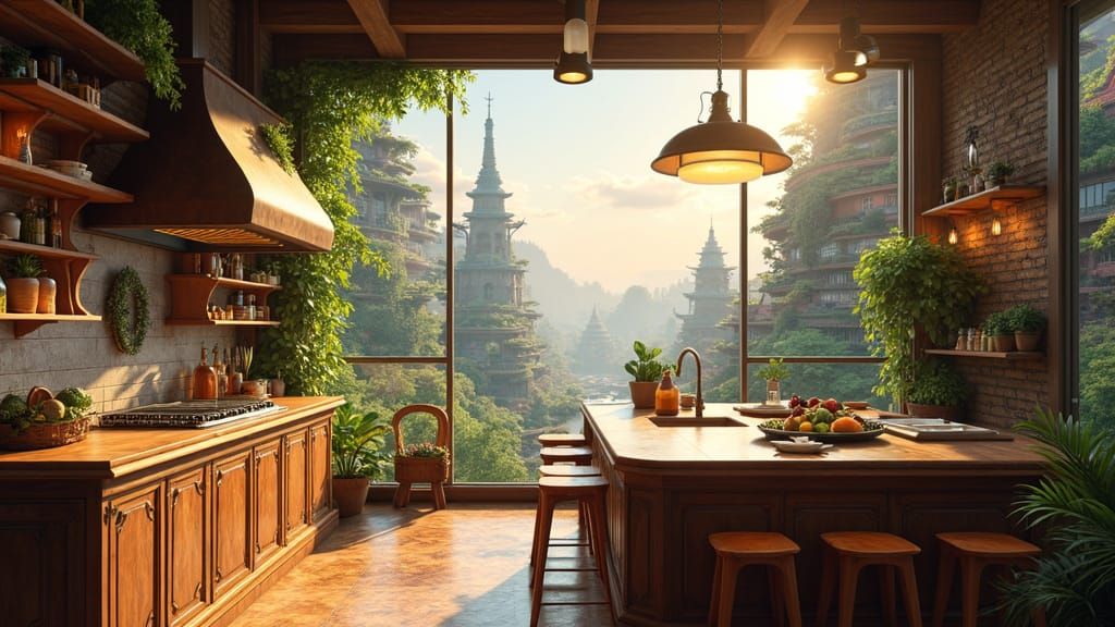Elegant Solarpunk Kitchen with Greenery and City View