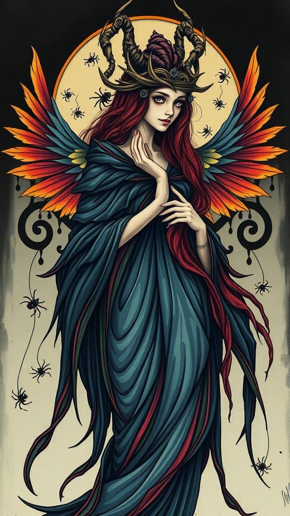 Mystical Art Nouveau Oracle, Half Woman Half Bird, Embroider...