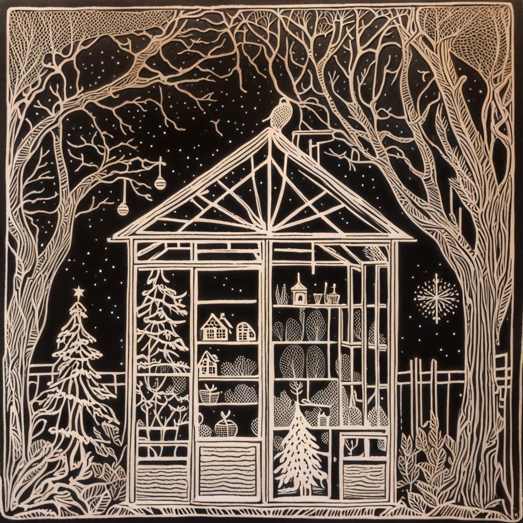 Fae Greenhouse: Christmas Scene in Linocut Style