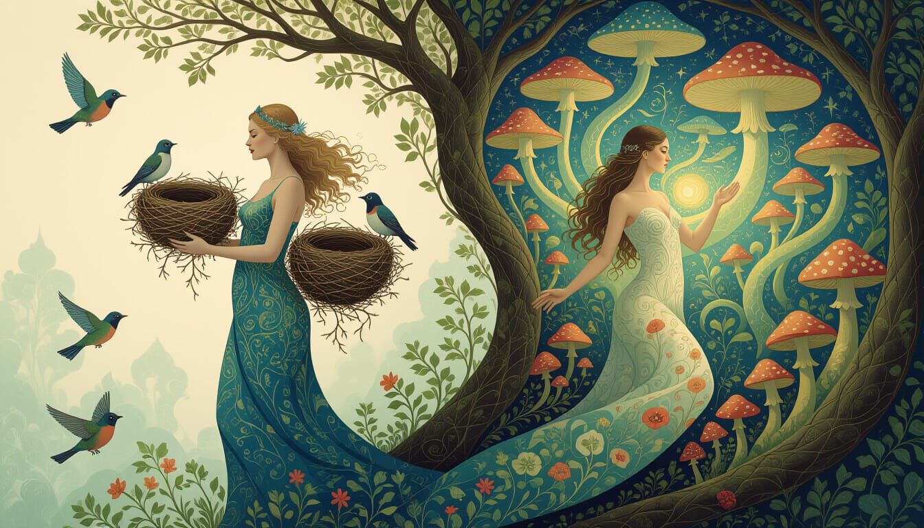 Cosmic Dance of Intertwined Figures in Dreamlike Mindscape