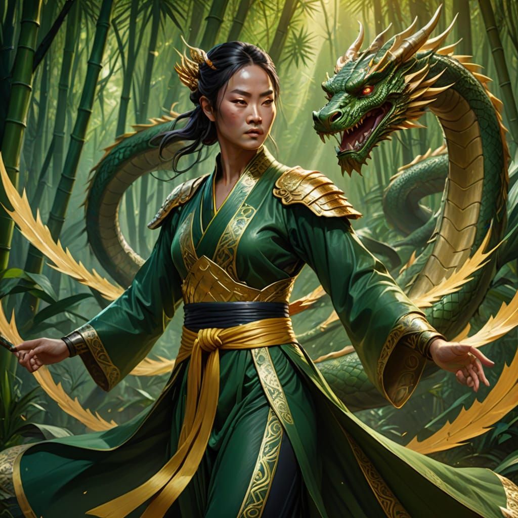 Dragon Winged Kung Fu Woman in Bamboo Forest