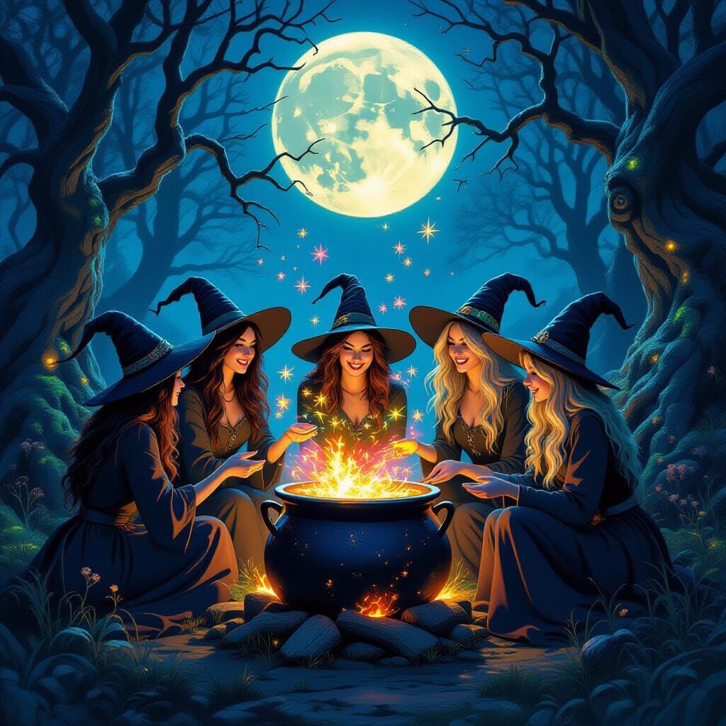 Witches Coven Brews Magic Under Full Moon