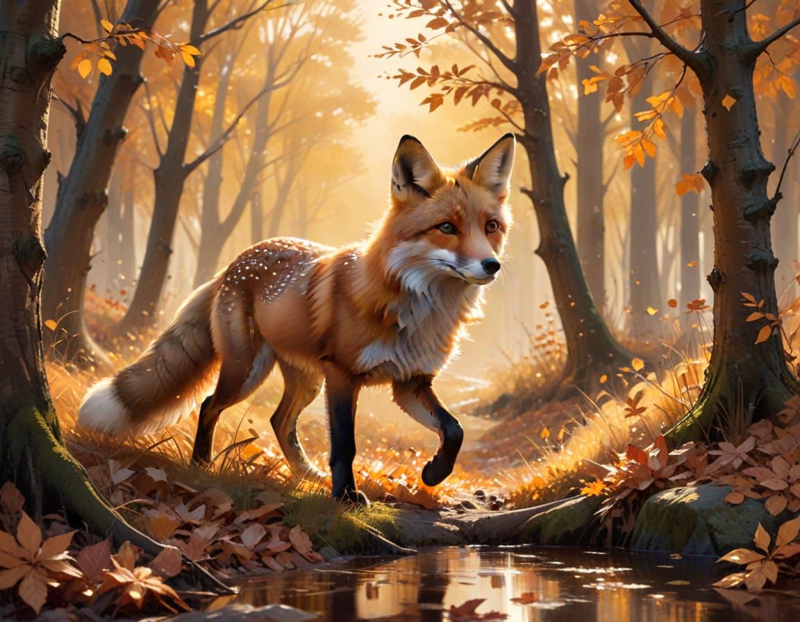 Red Fox in Autumn Amber Wood: Watercolor Style