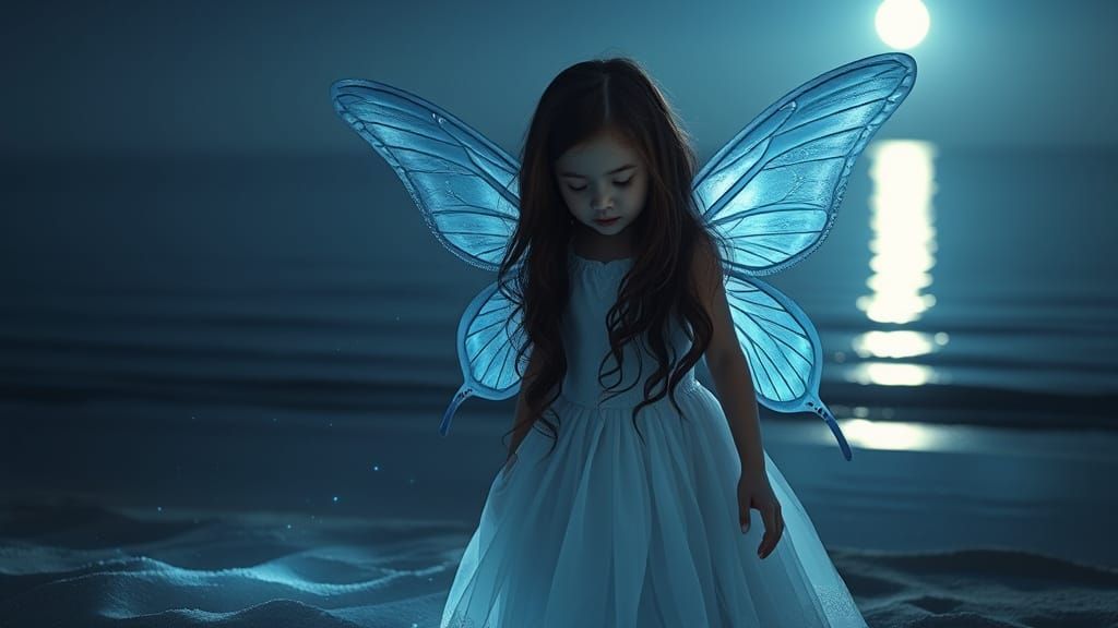 Fairy Girl on Glowing Beach at Night