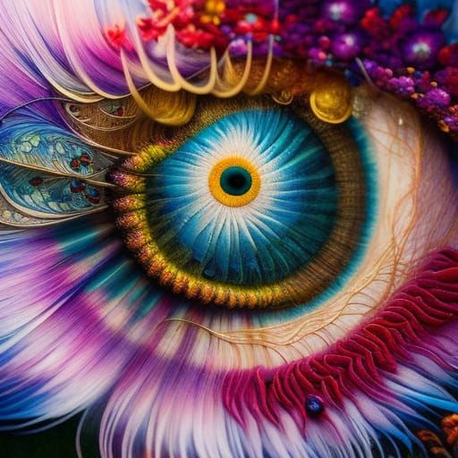 Eye with Embroidered Flowers and Ink Flow