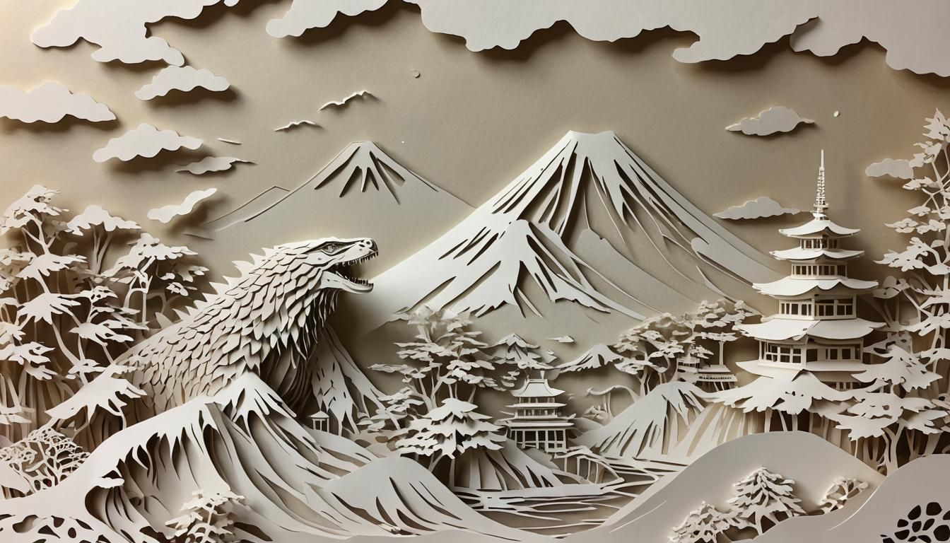 Godzilla vs. Mt. Fuji in 3D Kirigami Style