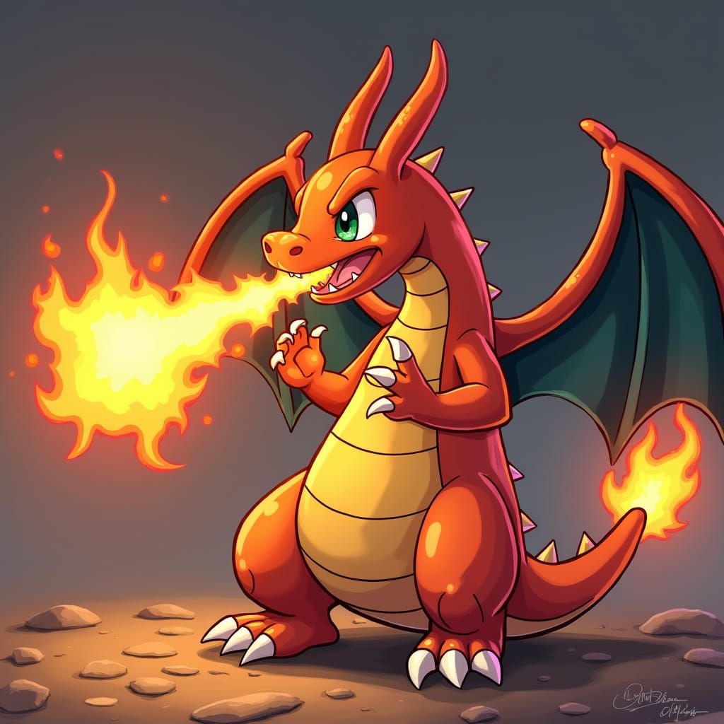 Charizard Breathes Fire: A Pokémon Digital Art