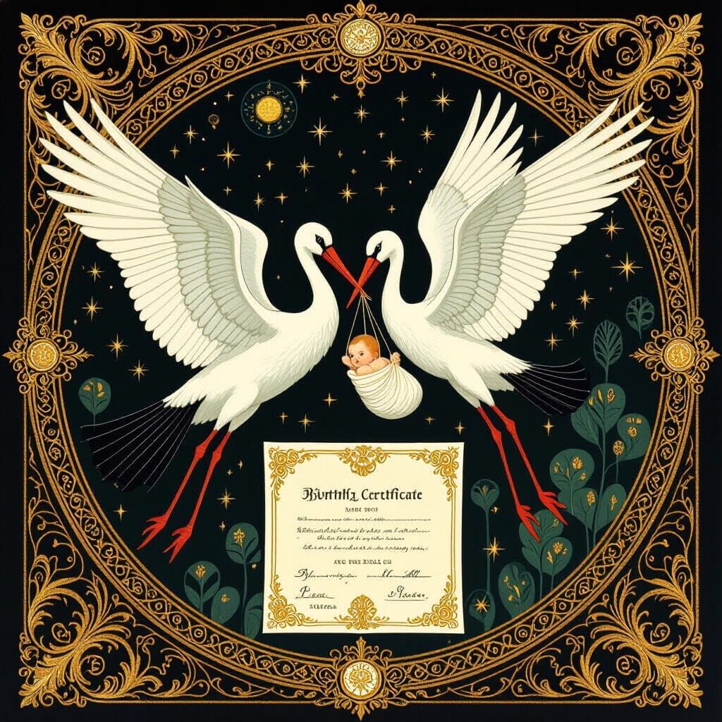 Ornate Birth Certificate with Stork in Fairytale Style