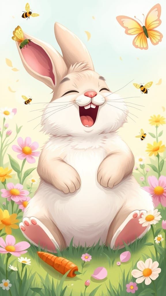 Laughing Bunny in Spring Meadow: Digital Illustration