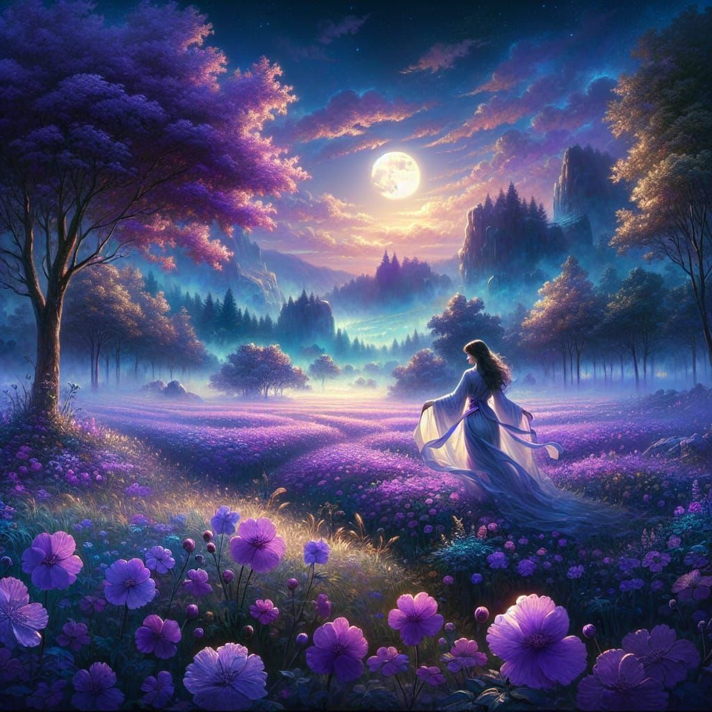 Maiden in Violet Field Under Moonlight, Romantic Painting