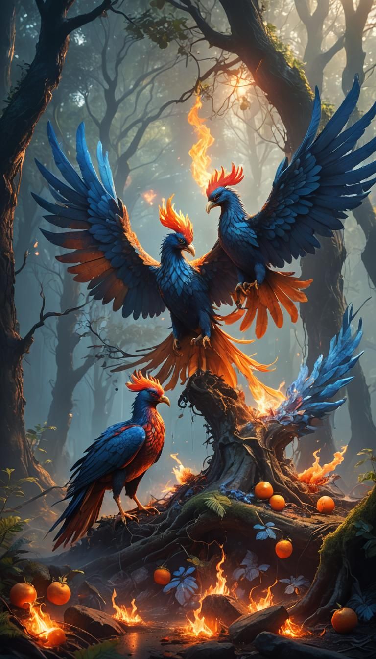 Mystical Phoenixes Rising in Ancient Forest: Fantasy Art