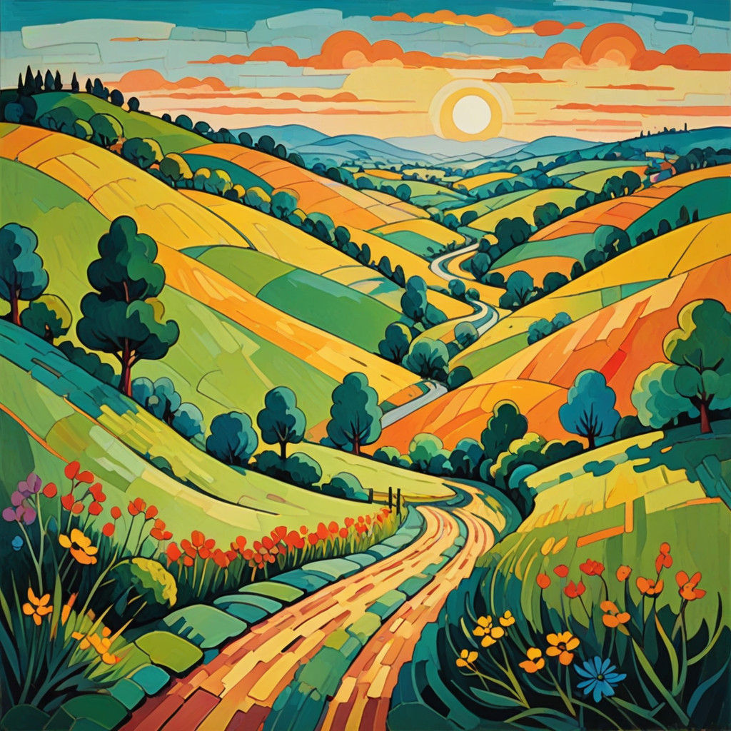 Winding Road Through Lush Landscape in Vibrant Color