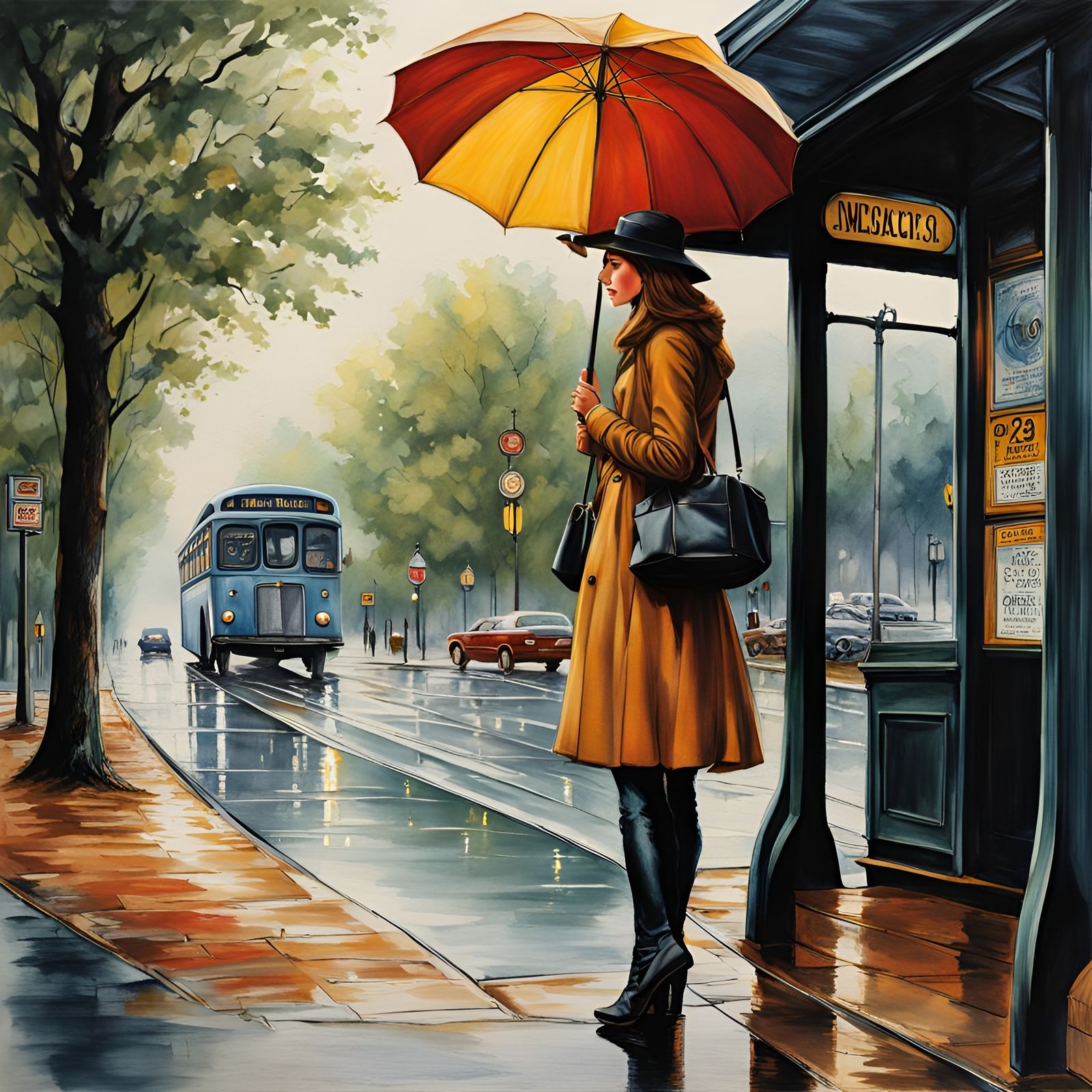 Hyperrealistic Bus Stop Scene with Girl and Umbrella