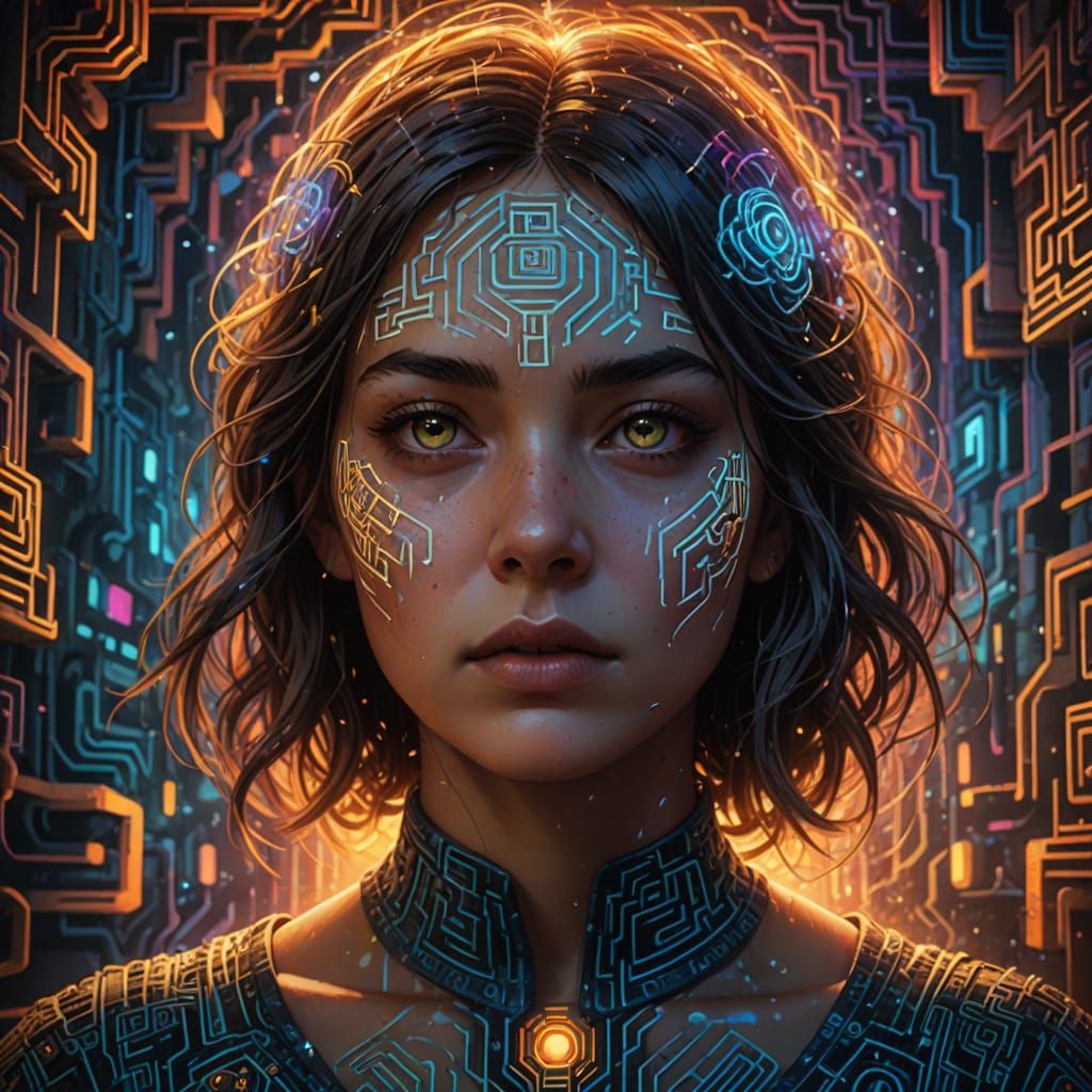 Vibrant Woman's Portrait in Futuristic Mosaic