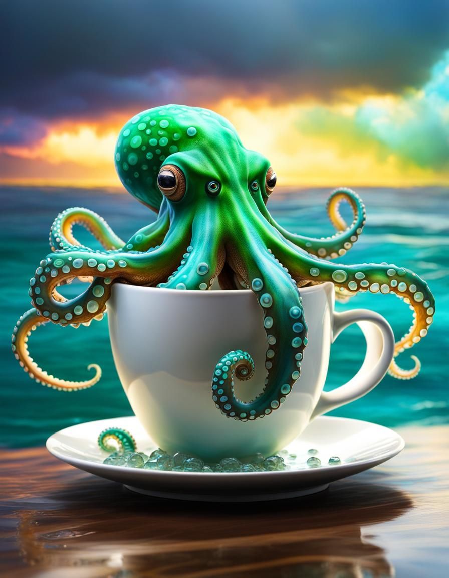 Bioluminescent green octopus. The octopus is sipping coffee from a coffee cup
Floating in blue green crystal clear se...