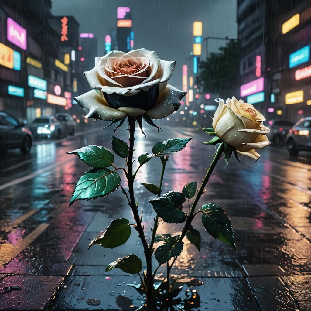 Cyberpunk Roses on Wet Asphalt Road