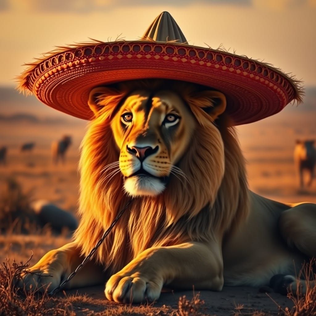 Lion in Sombrero Lounging on the African Savanna
