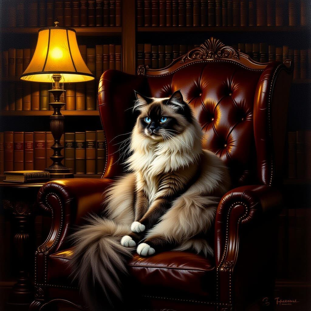 Majestic Siamese Cat in a Moody Library Oil Painting