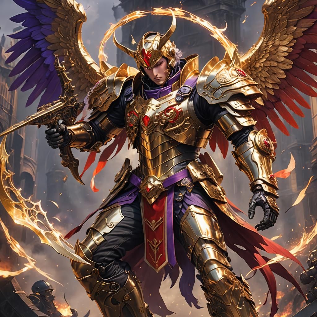 Golden Armored Angel Aims Bow in Graffiti Art Style