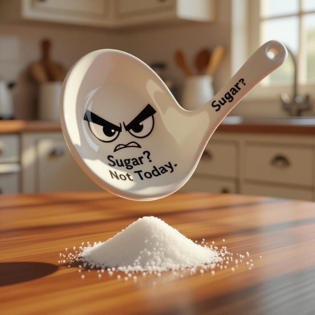 Angry Spoon Hovers Above Sugar in Cartoon Style