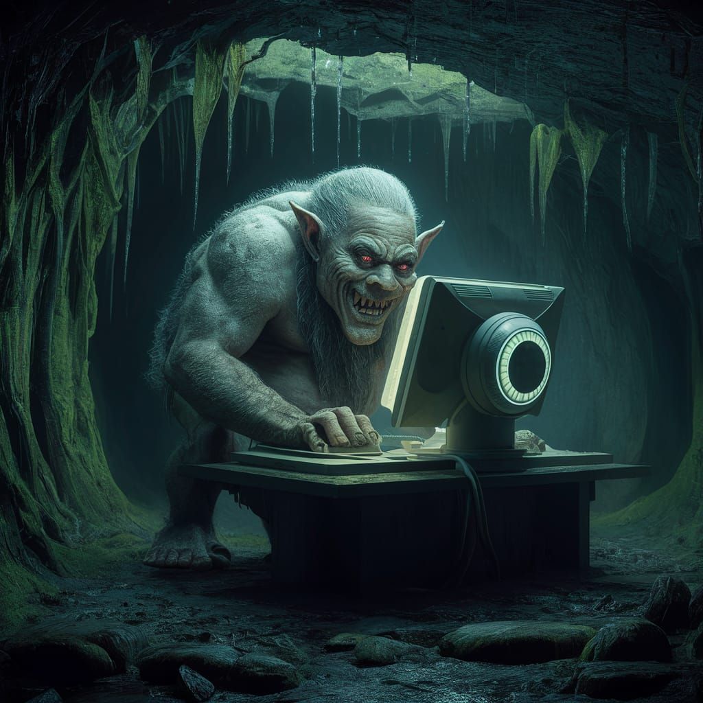 Eerie Troll Working on Futuristic Computer
