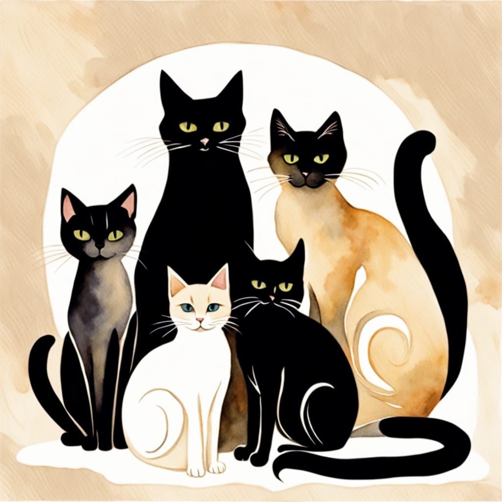 Cute Black Cats in a Delightful Watercolor Grid