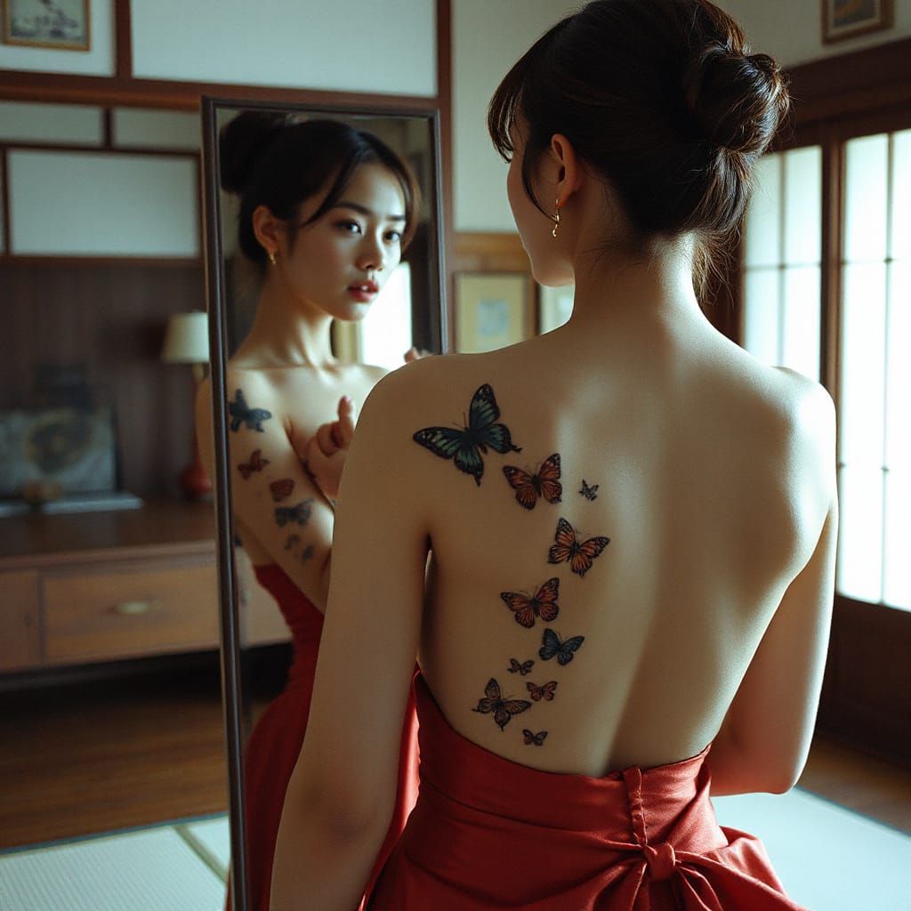 Woman with Butterfly Tattoo in Japanese Room