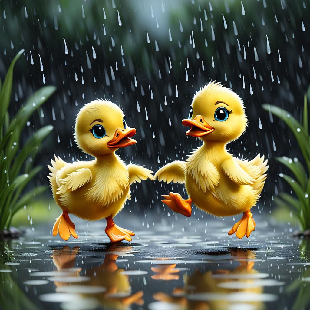 Cartoon baby ducks dancing in the rain