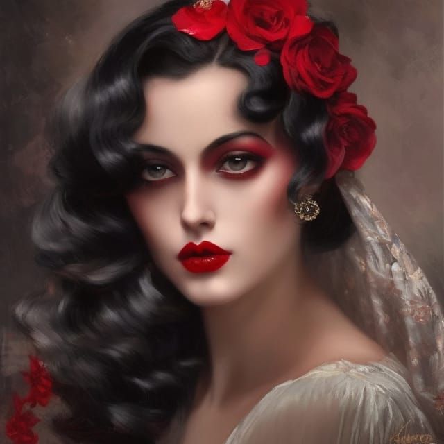 Glamorous Dark-Haired Woman in the Style of Royo