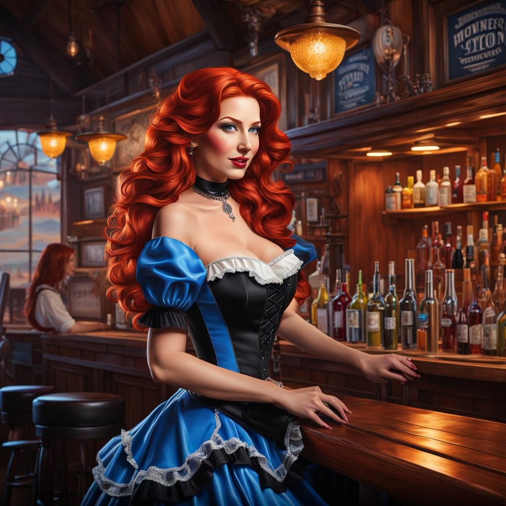 Red-Haired Woman in Saloon, Hyperrealistic Splash Art