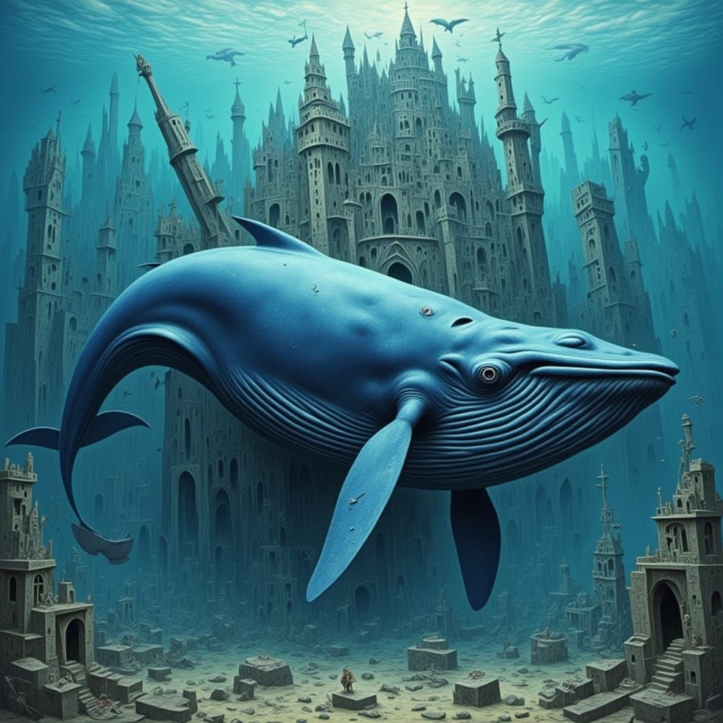 Majestic Blue Whale Amidst Underwater Ruins