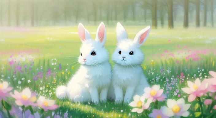 White Rabbit in Summer Meadow, Watercolor Painting