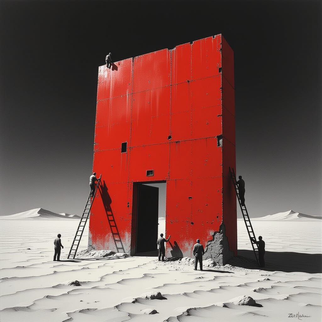 Monochrome Desert Door Painting in Surreal Pencil Style