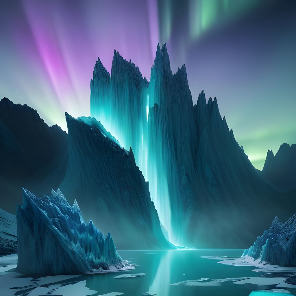 Bioluminescent Crystals Under Aurora in Surreal Landscape