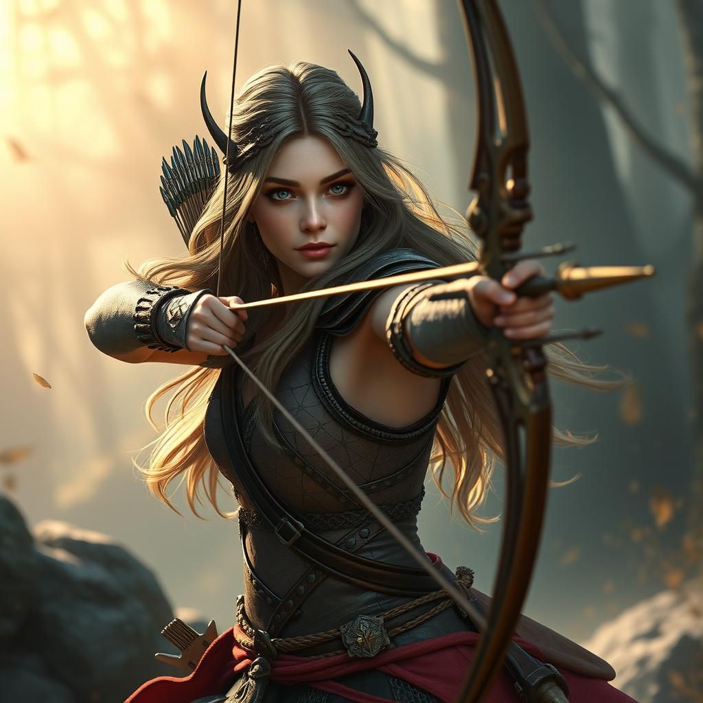 Elven Princess: Bow and Arrow Hunter in Detailed Painting