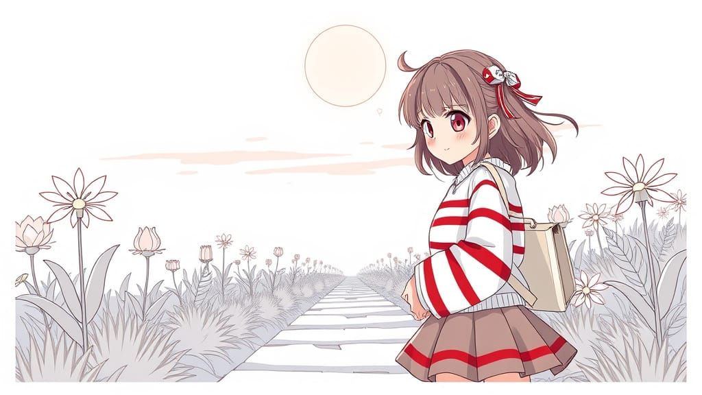 Girl Smiles on Sunrise Walk Path in Anime Style