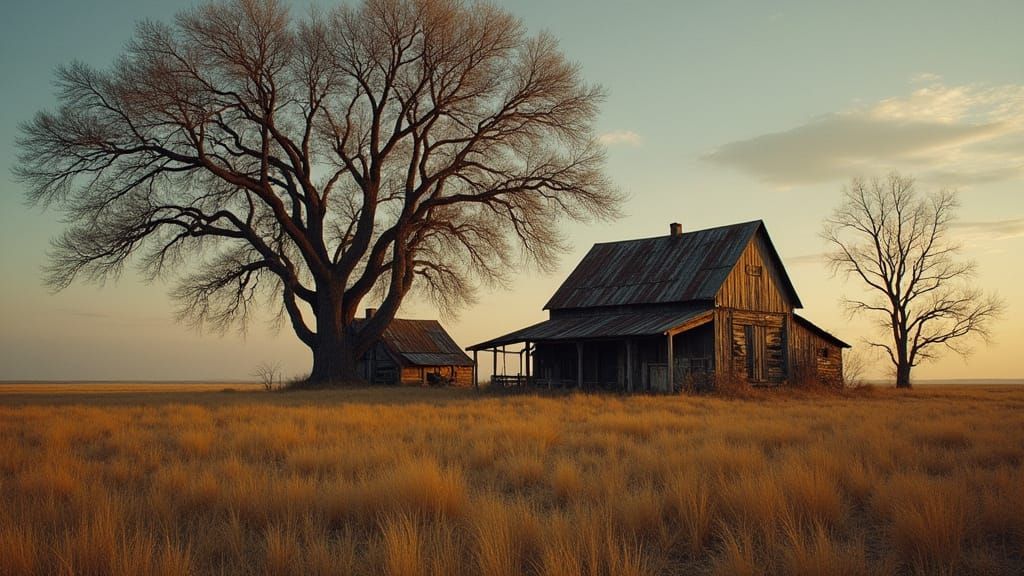 Abandoned Prairie Homestead Under Golden Prairie Sunset
