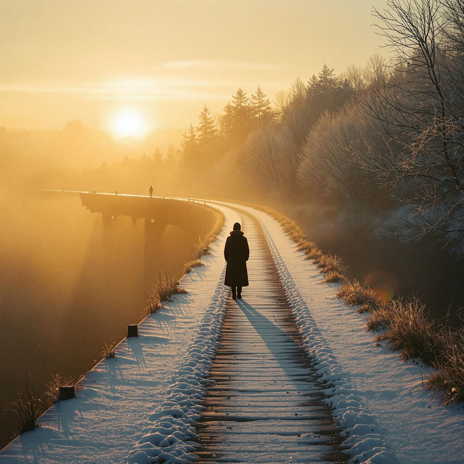 Figure on Bridge at November Sunrise in Cinematic Style