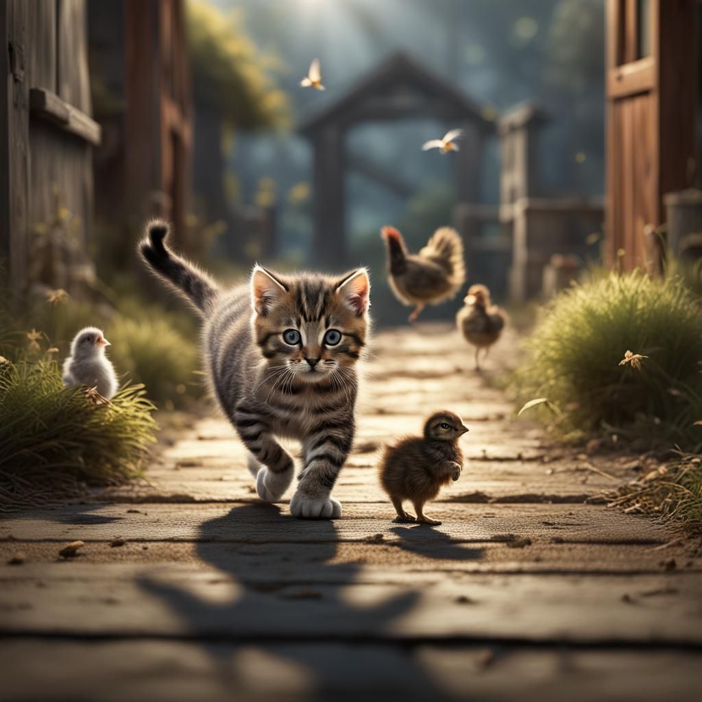 Tabby Kitten Follows Hen and Chicks