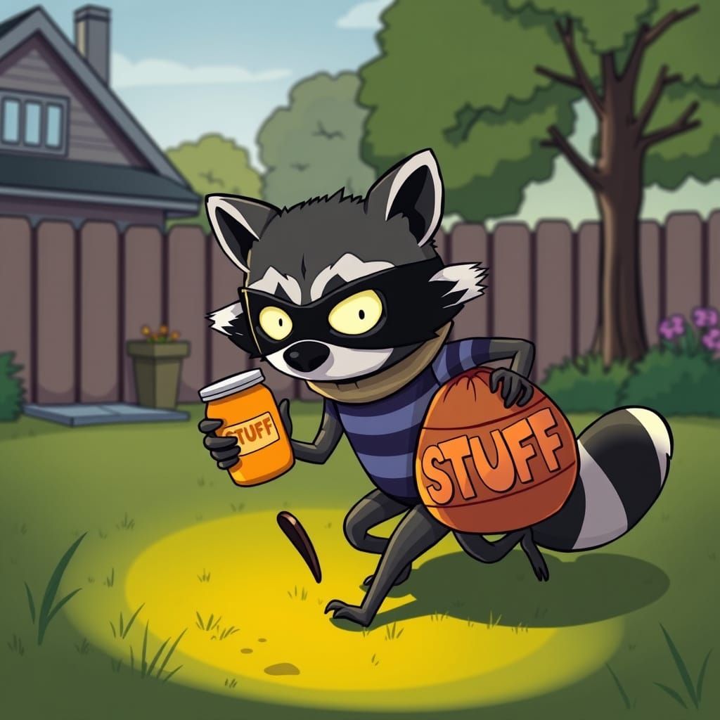 Cartoon Raccoon Heist in Whimsical Animation Style