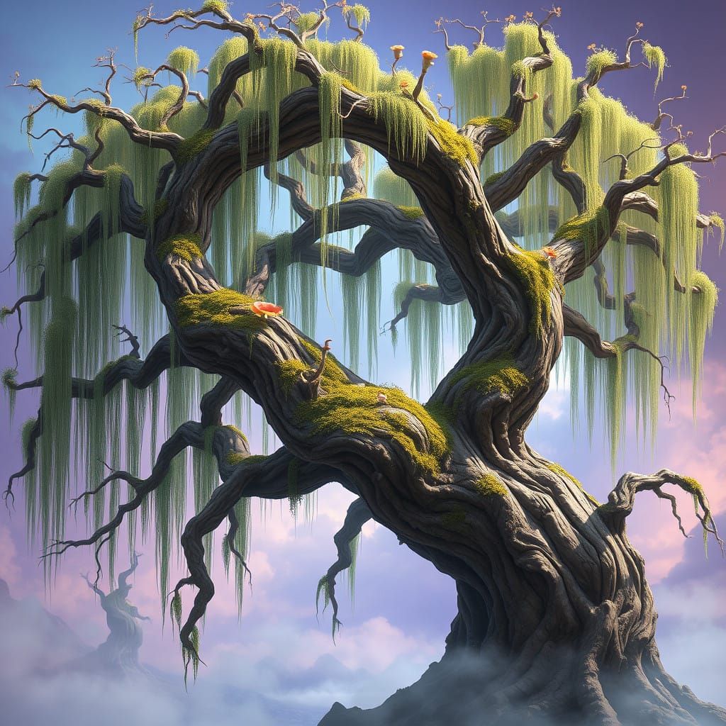 Gnarled Willow Tree in Vibrant, Ethereal Landscape