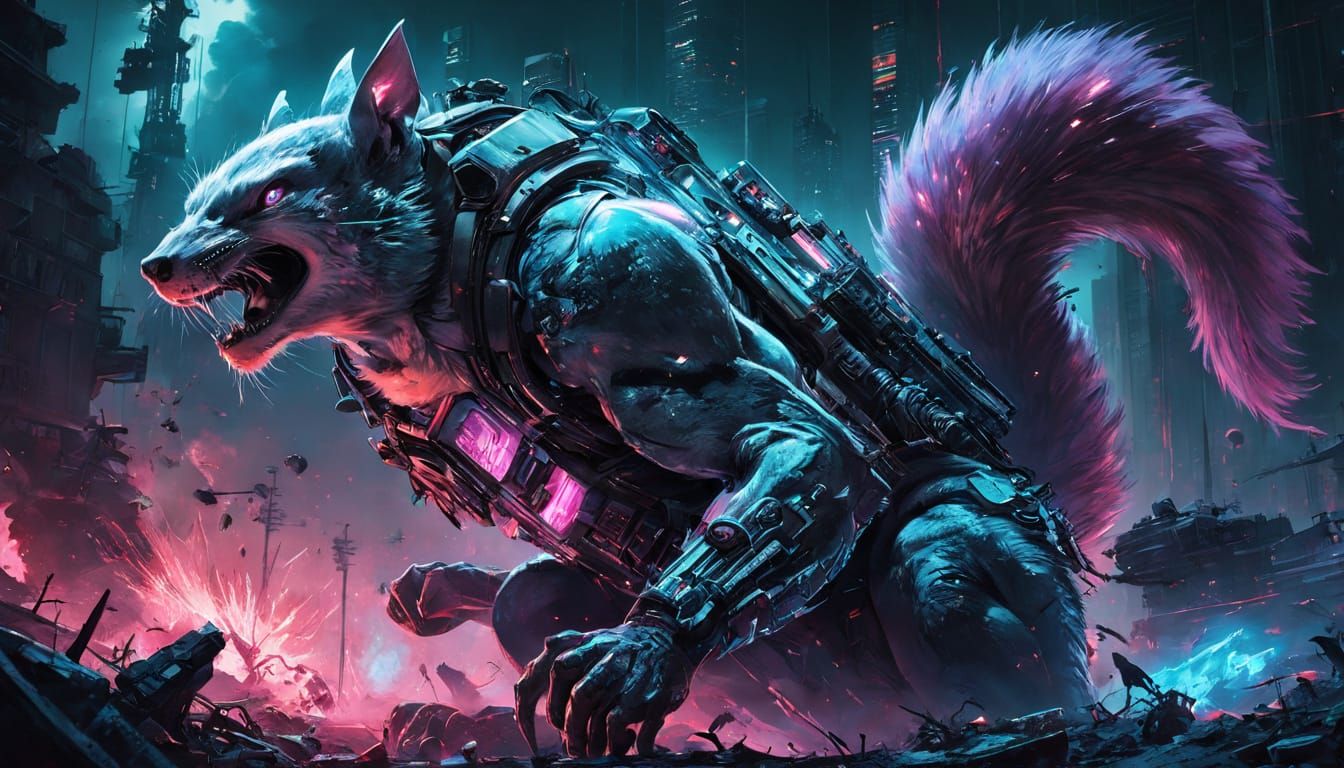 Cybernetic Squirrel Warrior in Dystopian Battle