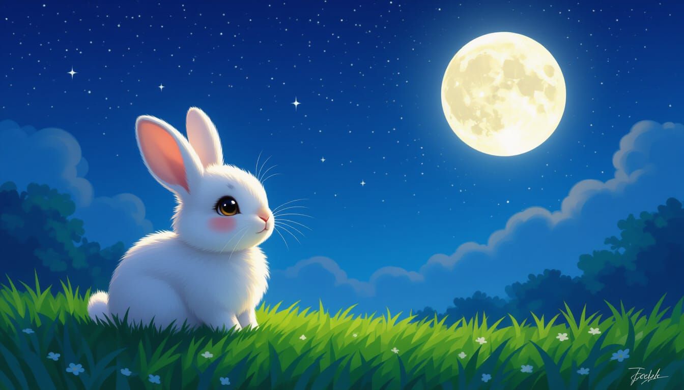 Cute Rabbit Under Starry Moonlit Sky