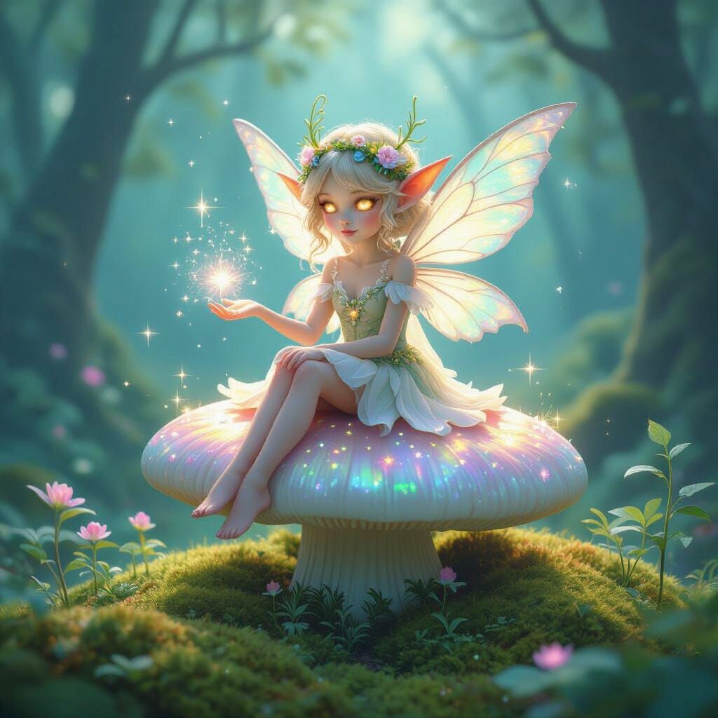 Forest Sprite Casting Spells in Bioluminescent Moonlight
